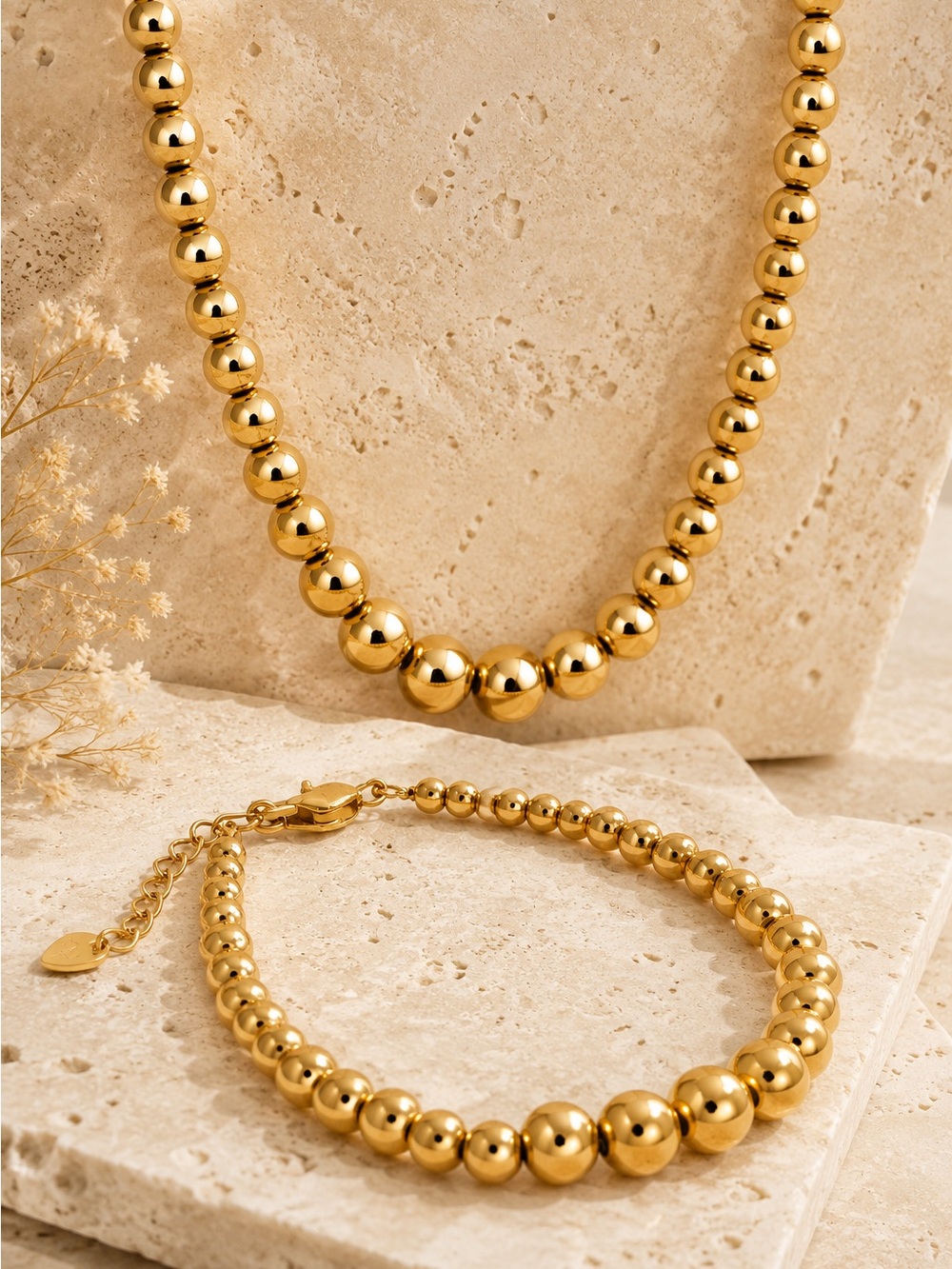 Shiny Gold Beaded Necklace and Bracelet Set. 18 K gold plated - Picture 1 of 9